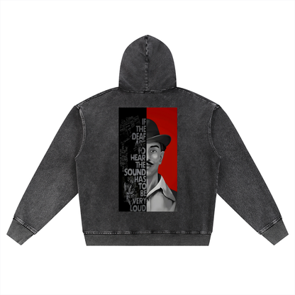 Bhagat Singh Freedom Zipper Hoodie – Washed Black Edition