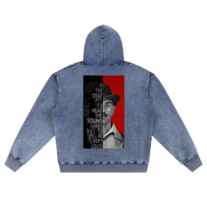 Bhagat Singh Freedom Zipper Hoodie – Washed Black Edition